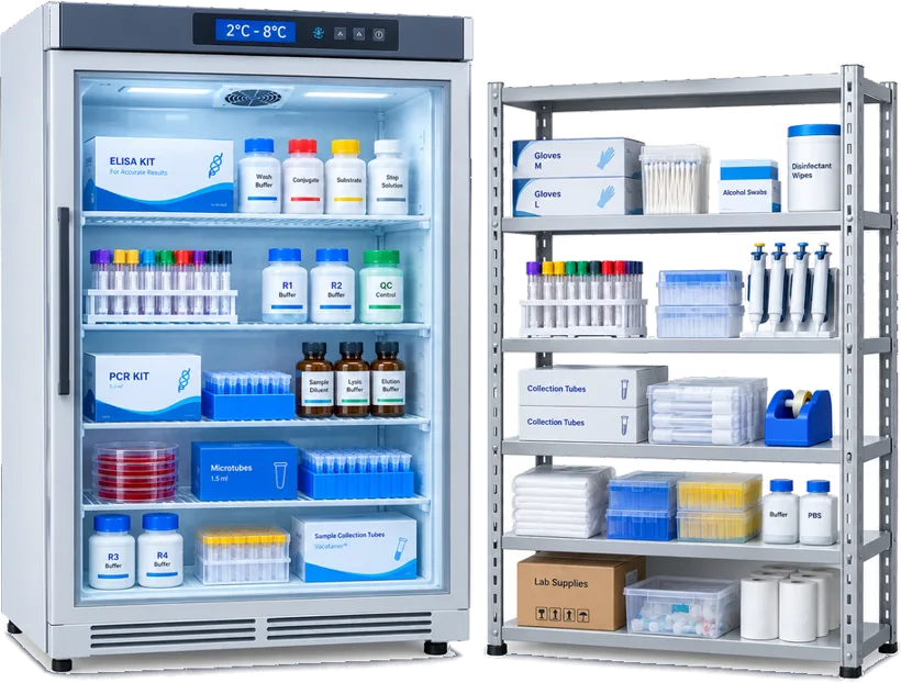 Laboratory reagent refrigerator and consumables shelf stocked with kits, buffers and tubes